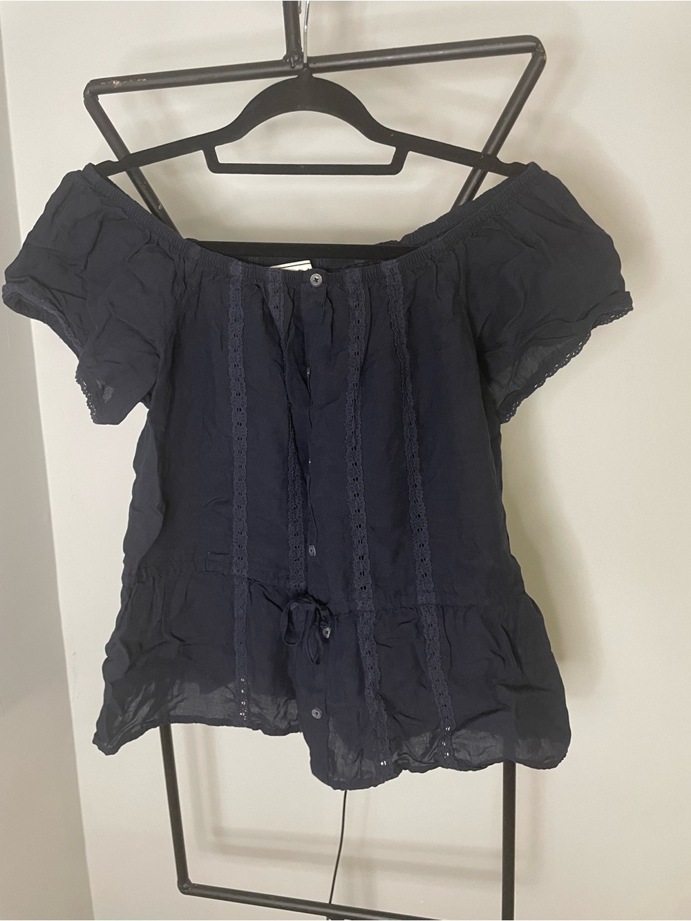 Abercrombie & Fitch Navy Off-Shoulder Lace-Trim Blouse